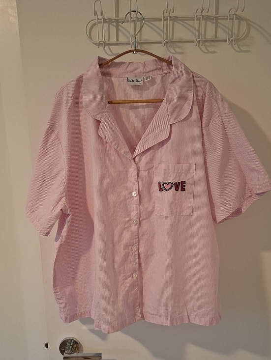 keith haring Tops - Keith Haring Pink & White Striped 'Love' Embroidered Pajama-style Top (Size XXL)